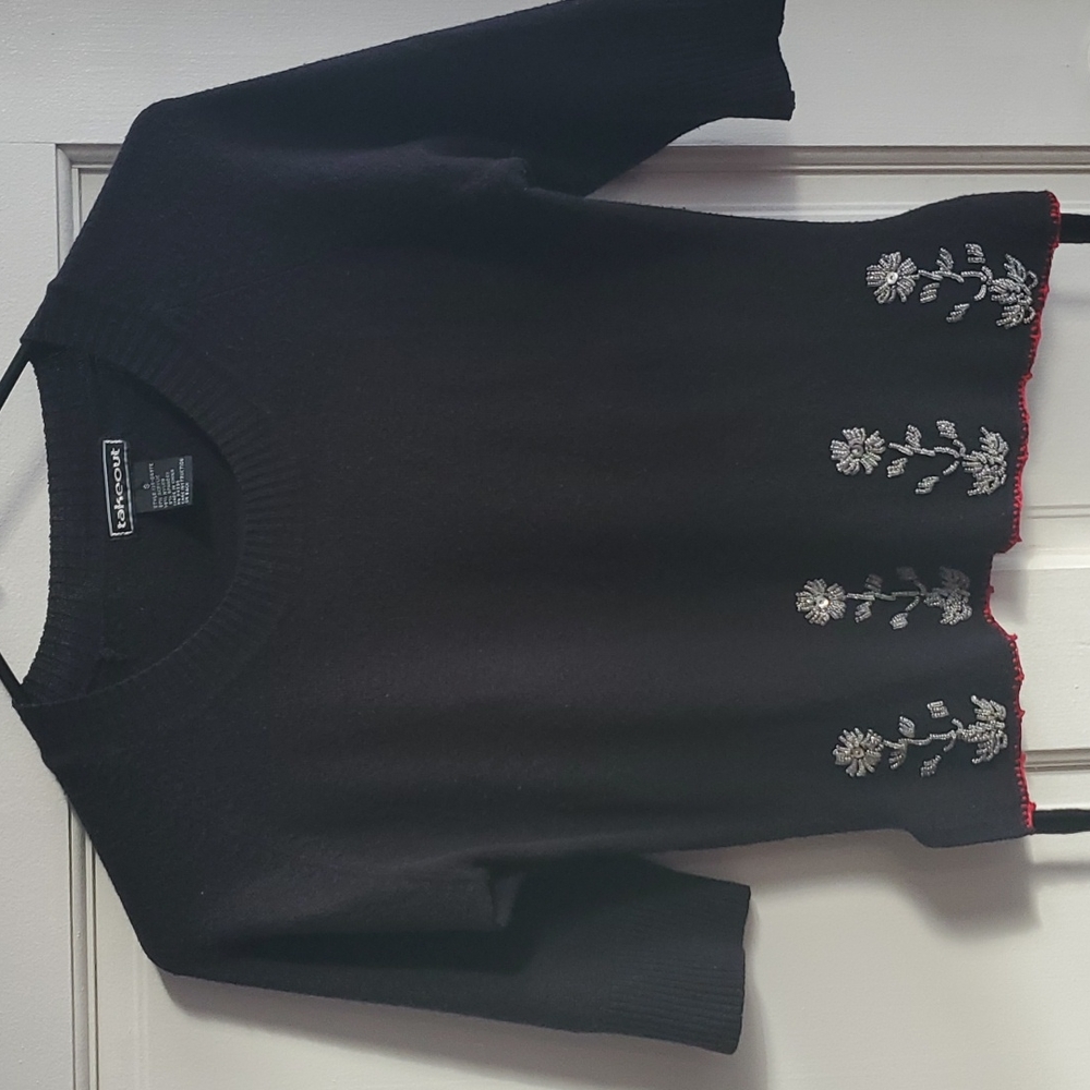 Takeout 90's Top Quarter Sleeve Small Beaded Flowers Black Knit Shirt